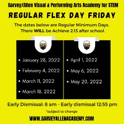 Today is a regular Minimum Day. There will be Achieve 2:15 after school. Early start at 8 am and early dismissal at 12:55. Grab & go lunches from 12:55 to 1:30 pm